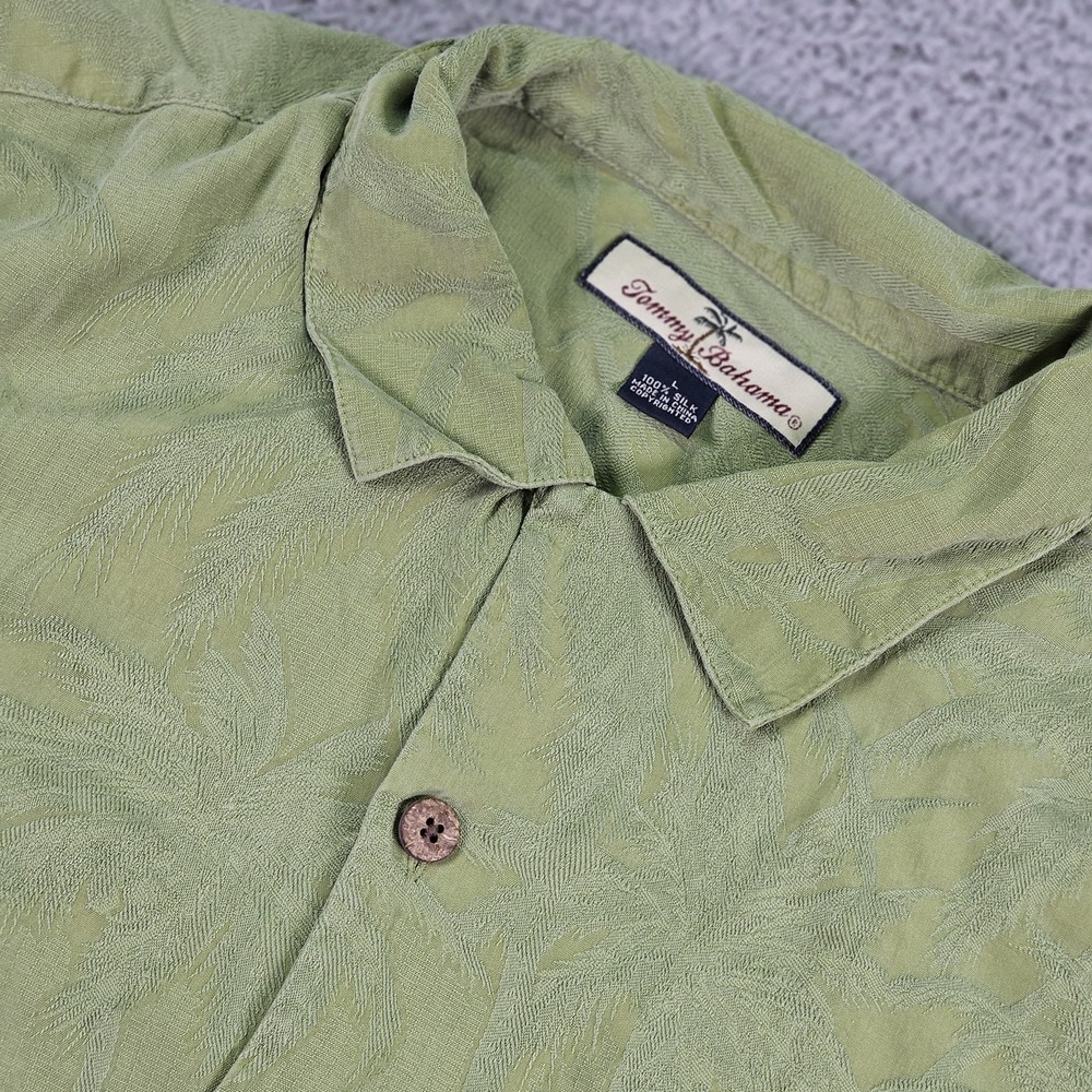 Tommy Bahama‎ Shirt Mens Large Green Silk Palm Tree Camp Button Up Relax Fit